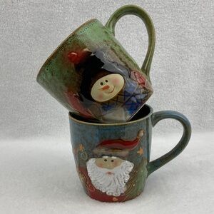 b + B Festive Holiday Mugs with Santa and Snowman 15 oz.